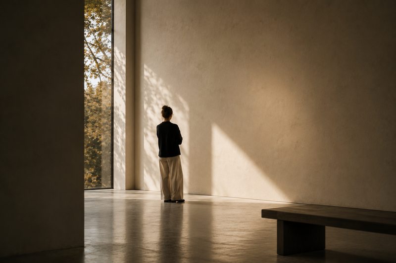 A person standing in a quiet minimalist art gallery, showing how space, light and composition shape aesthetic experience by ODE Art