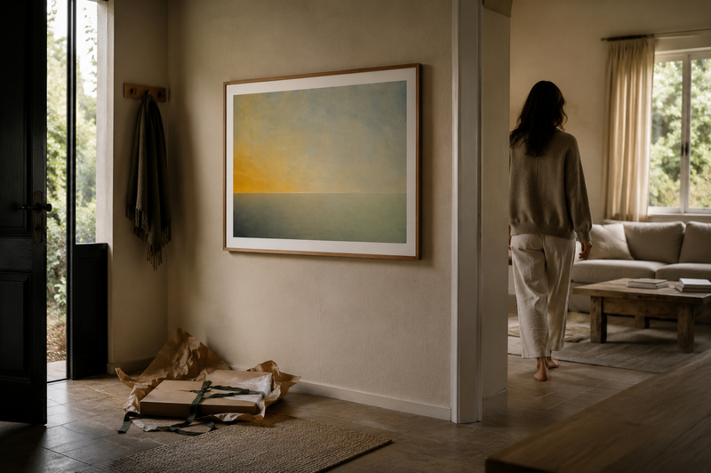 A framed ODE EXHALE artwork hanging in a quiet home, with an opened gift on the floor and its owner walking into the room, symbolising a meaningful gift that becomes part of everyday life.