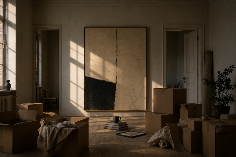 A nearly empty home during a move, with unpacked boxes and a single contemporary artwork already on the wall, illustrating how belonging begins before a house is fully furnished.