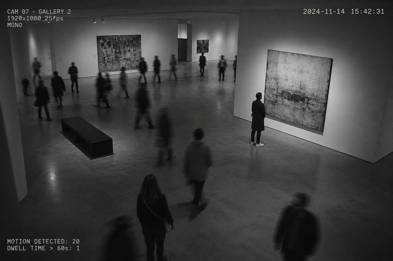 A CCTV-style view of a contemporary art gallery where visitors walk past while one person remains standing in front of a single artwork, illustrating how meaningful art quietly holds our attention.