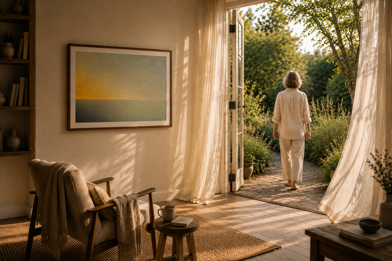 A calm, neutral living room with soft light and calming abstract wall art
