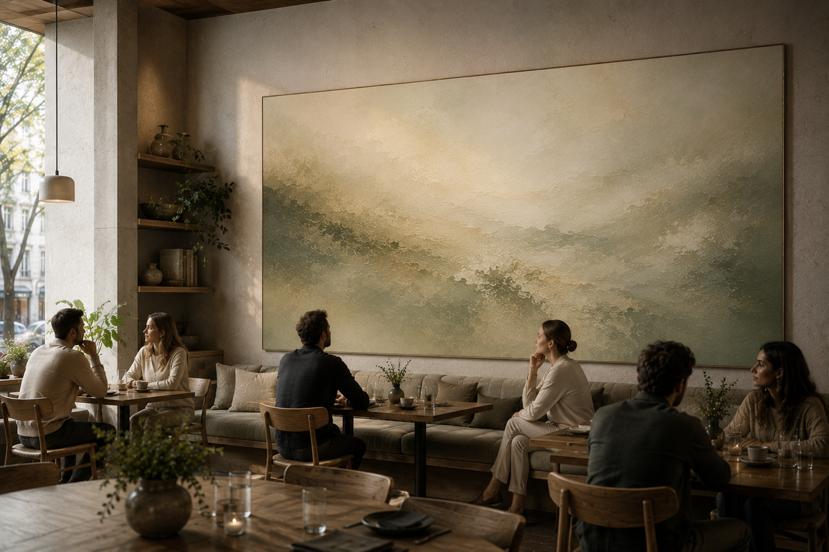 ODE Art large calming abstract artwork in muted green, beige and earthy tones in a warm hospitality interior with seated guests.