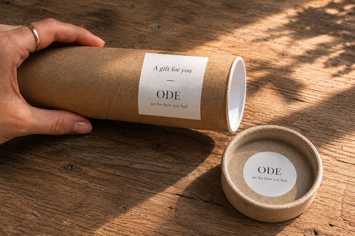 ODE art gift tube with label and seal