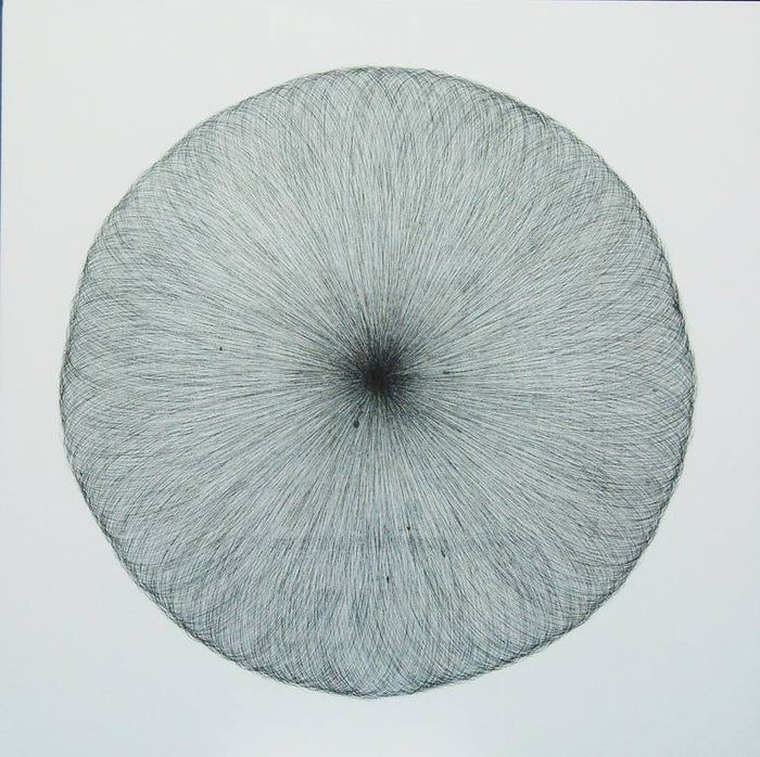 ODE Art Selection chosen artwork to support a transformation from Tension to Stillness, spiral ink on canvas drawing.