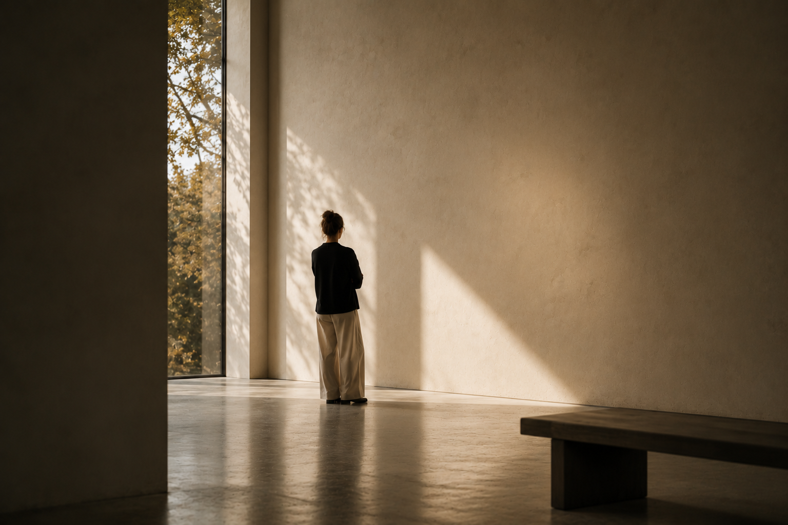 A person standing in a quiet minimalist art gallery, showing how space, light and composition shape aesthetic experience by ODE Art 