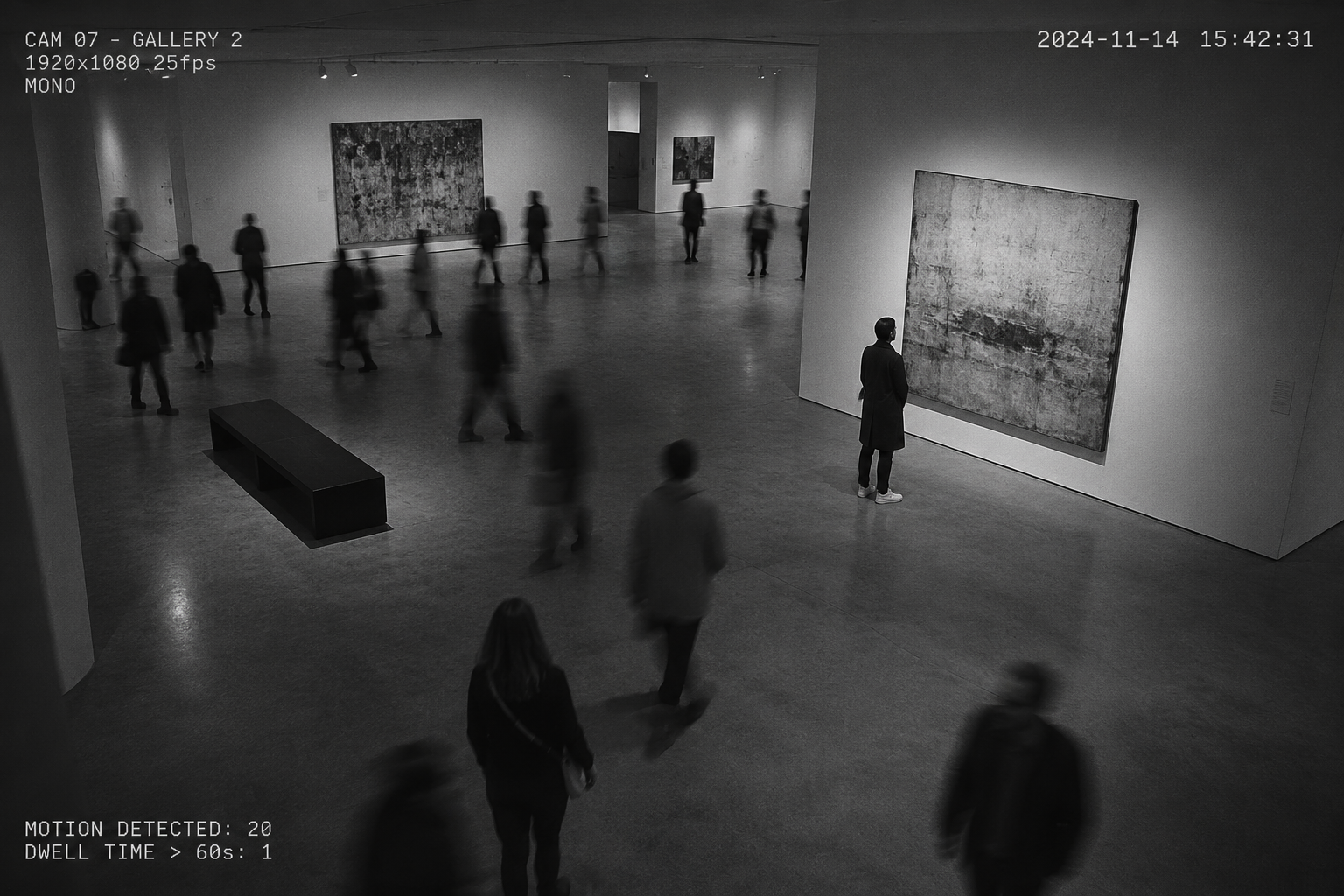 A CCTV-style view of a contemporary art gallery where visitors walk past while one person remains standing in front of a single artwork, illustrating how meaningful art quietly holds our attention.