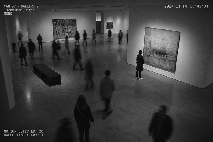 A CCTV-style view of a contemporary art gallery where visitors walk past while one person remains standing in front of a single artwork, illustrating how meaningful art quietly holds our attention.
