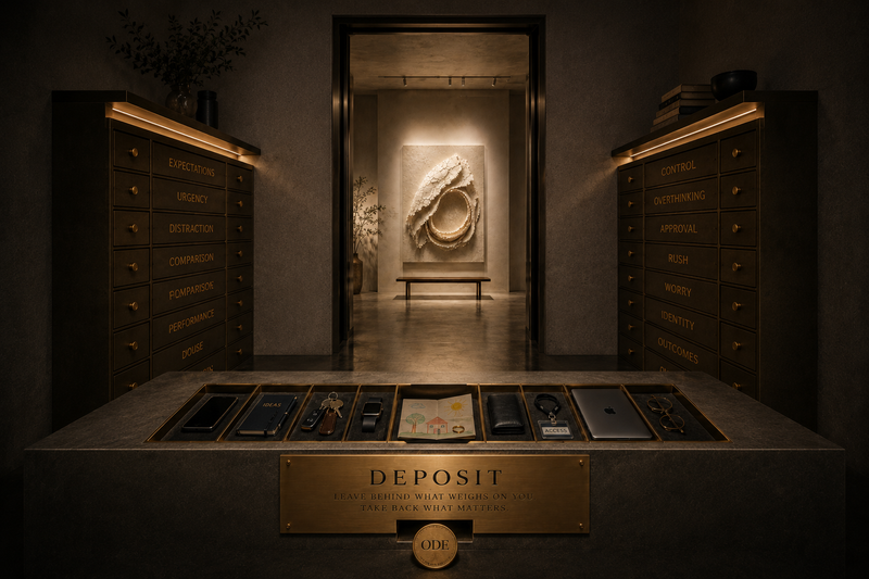 A conceptual gallery deposit where personal belongings are left behind before entering a quiet space with an ODE artwork, symbolising freedom from distraction, performance and everyday demands.