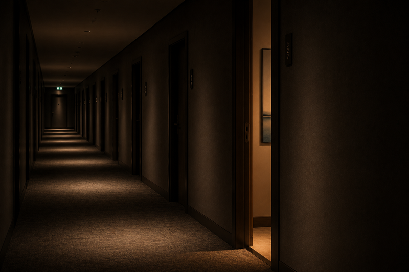 Quiet hotel corridor with one open, warmly lit room illustrating how emotional experiences shape memorable hospitality design.