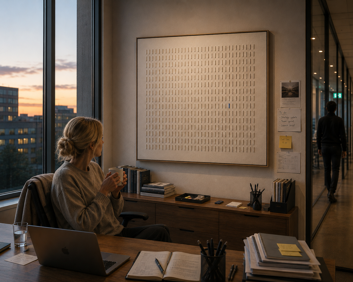 Art-enriched modern office workspace with employee and focus supporting abstract artwork by ODE Art for Business.