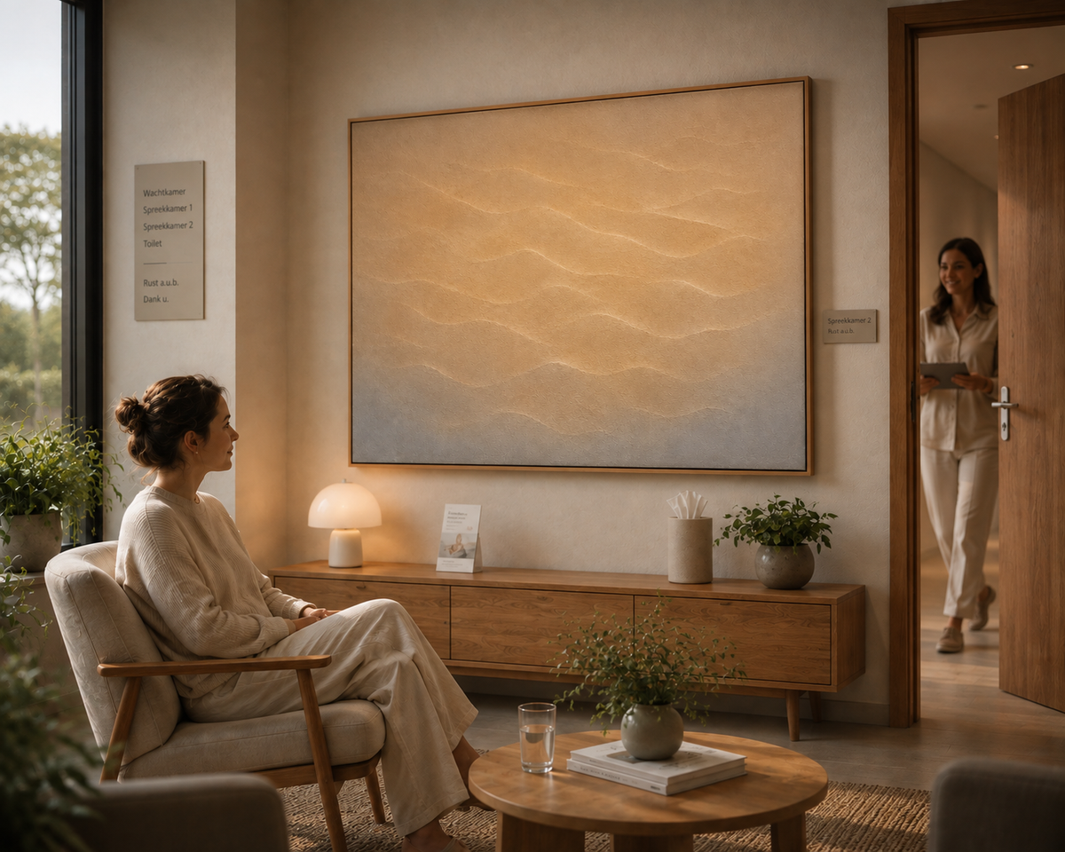 ODE Art Calming abstract artwork in a warm healthcare waiting room with a relaxed patient seated nearby.