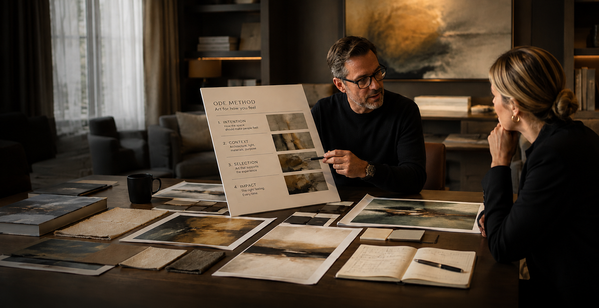 Art professional presenting a considered art selection method to a client in a warm creative studio
