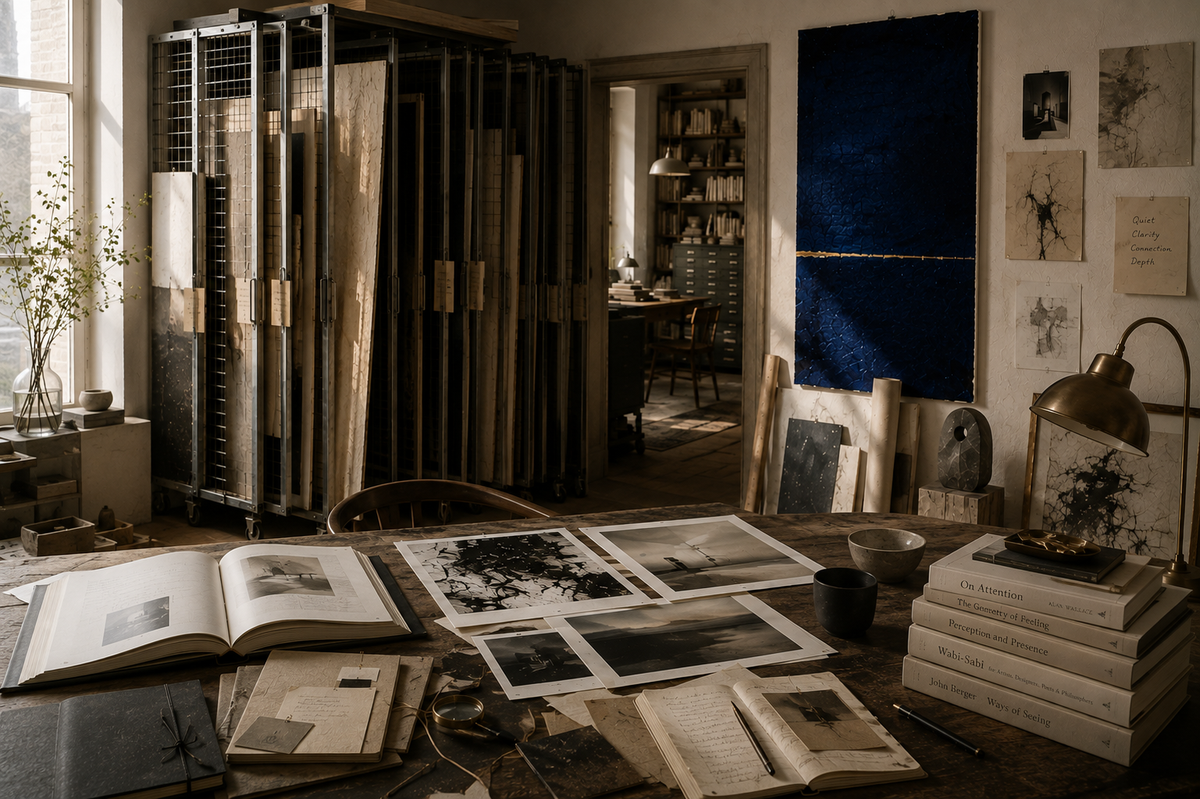 ODE Art Selection its art-filled studio with curated artwork racks and a large blue abstract painting, representing ODE Selection and curated art selection.