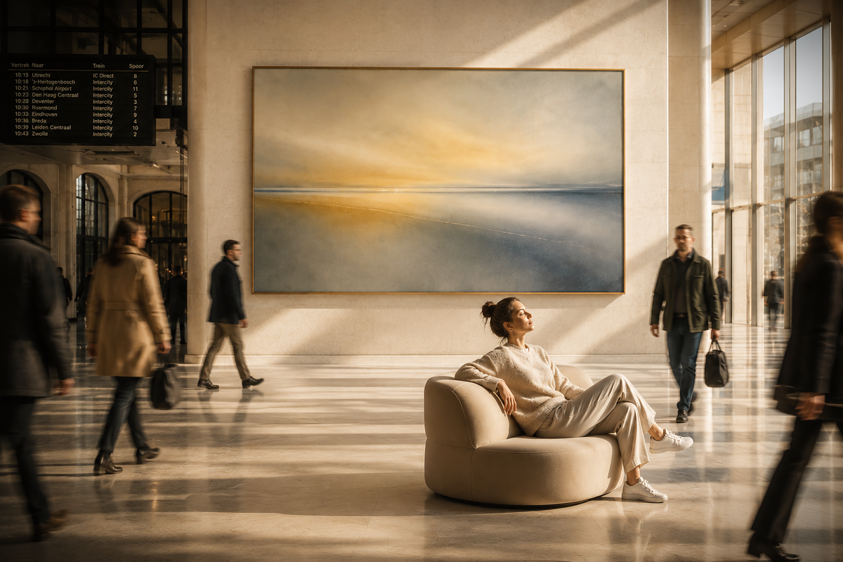 ODE Art contemporary neuroaesthetics art created to support wellbeing, visualised by a woman creating a moment of calm amid the movement of everyday life in a train station.