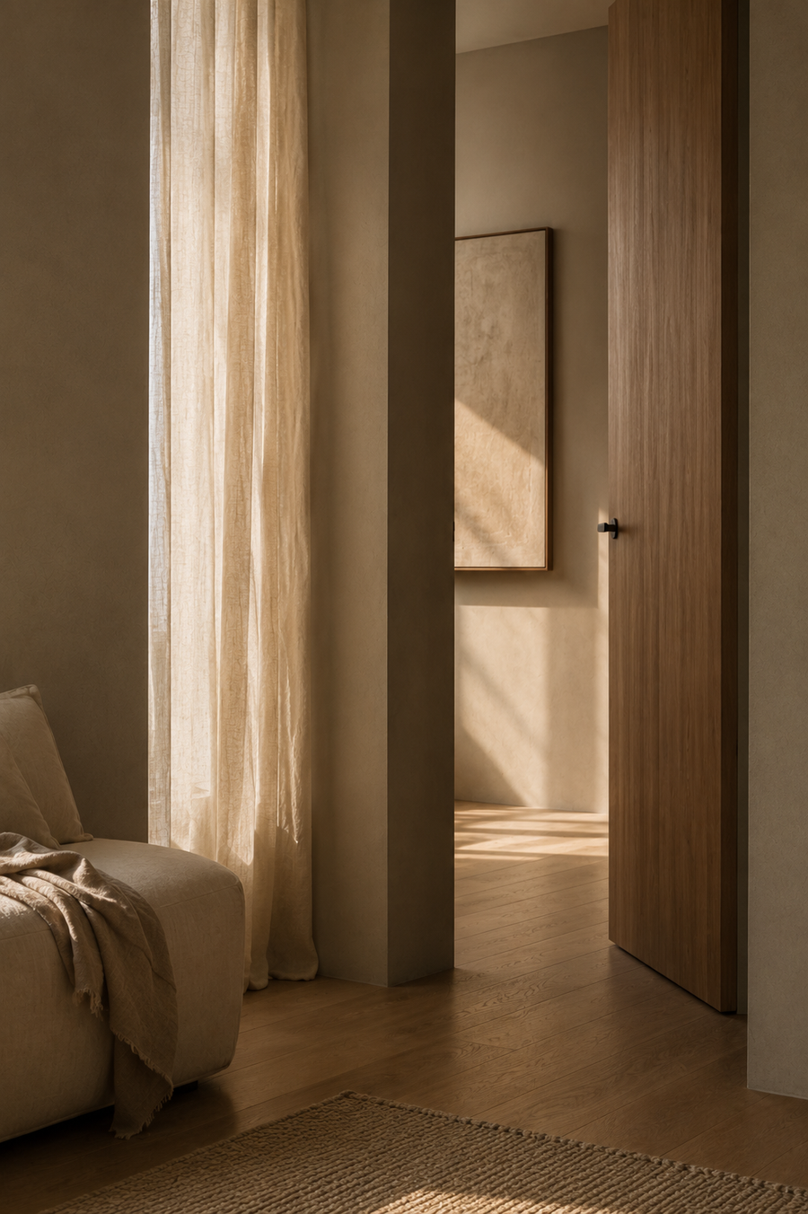 Branches in a ceramic vase beside soft curtains in warm light