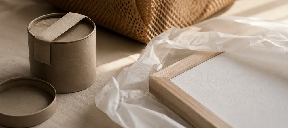 A framed ODE artwork resting in wrapping paper