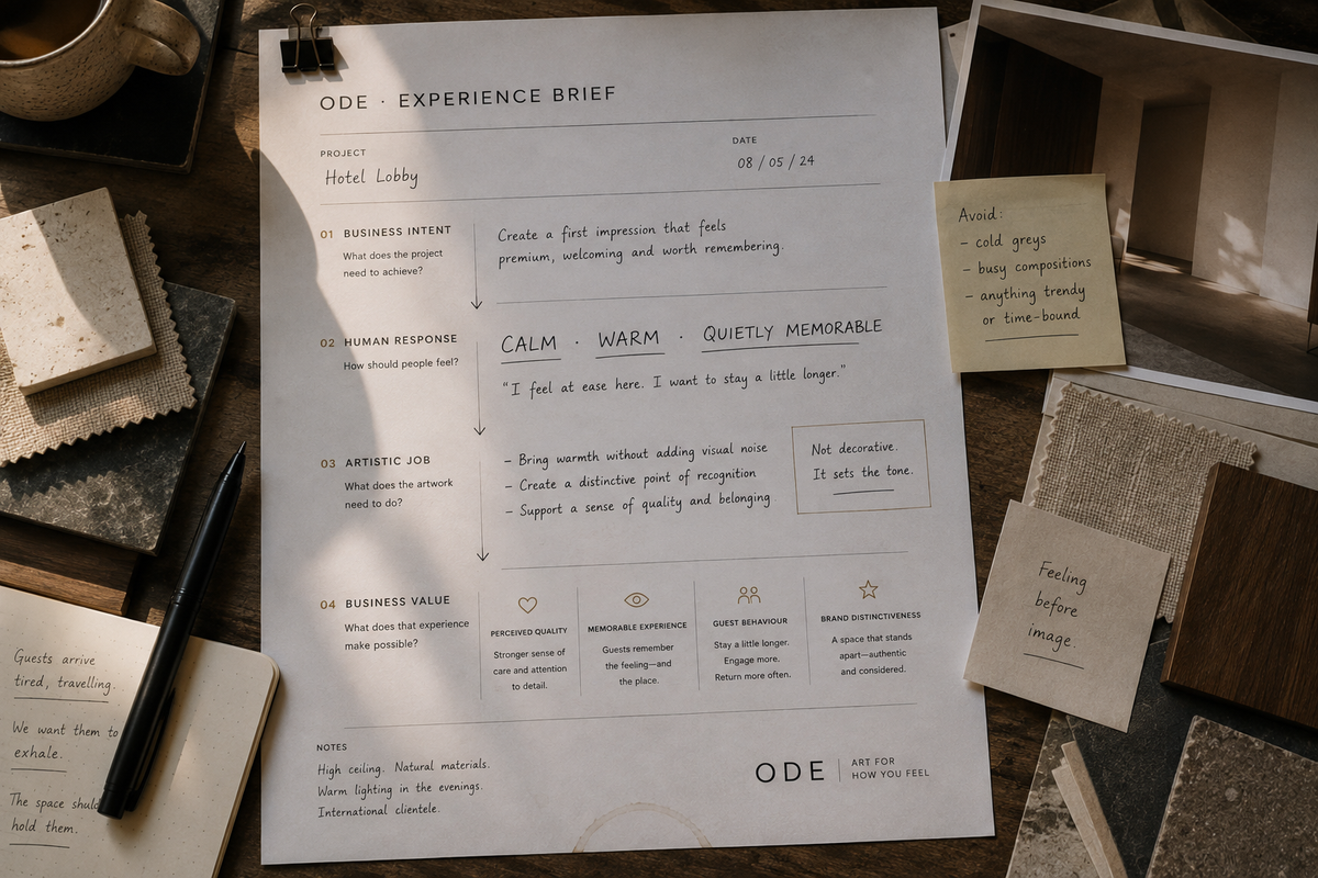 ODE Art Experience Brief showing how a hotel lobby’s business intent is translated into a desired human response, artistic direction and business value.