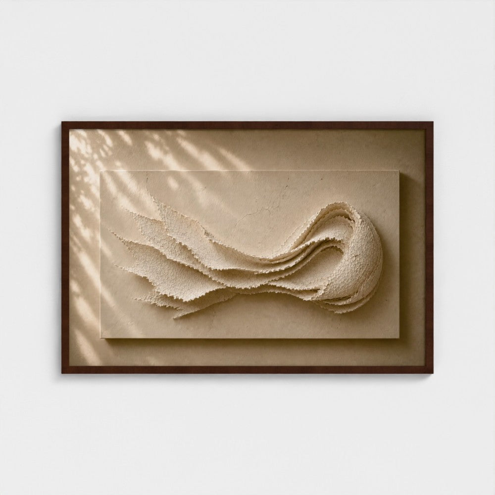 LOVE textured contemporary artwork in a warm walnut frame, inspired by softness, and a desire to let love in.