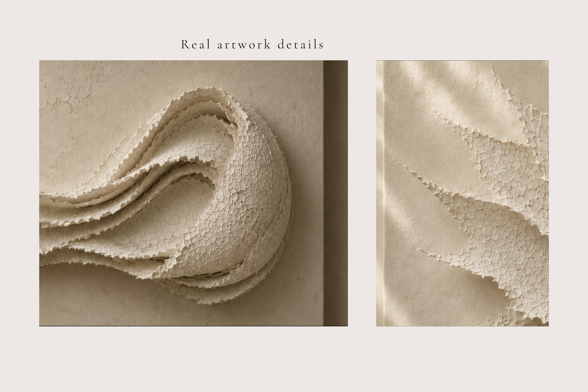Close-up details of LOVE, showing handcrafted texture, layered relief and natural material variations.