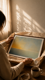Thoughtfully wrapped ODE artwork prepared as a meaningful gift with a handwritten message.