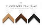 Frame options available for ODE contemporary artworks, including natural oak, walnut and black finishes.