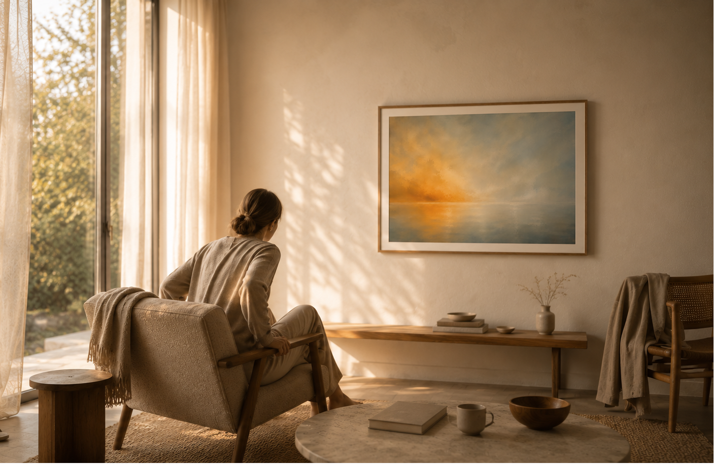 Contemporary fine art with a soft abstract horizon, created to bring calm into interior spaces.