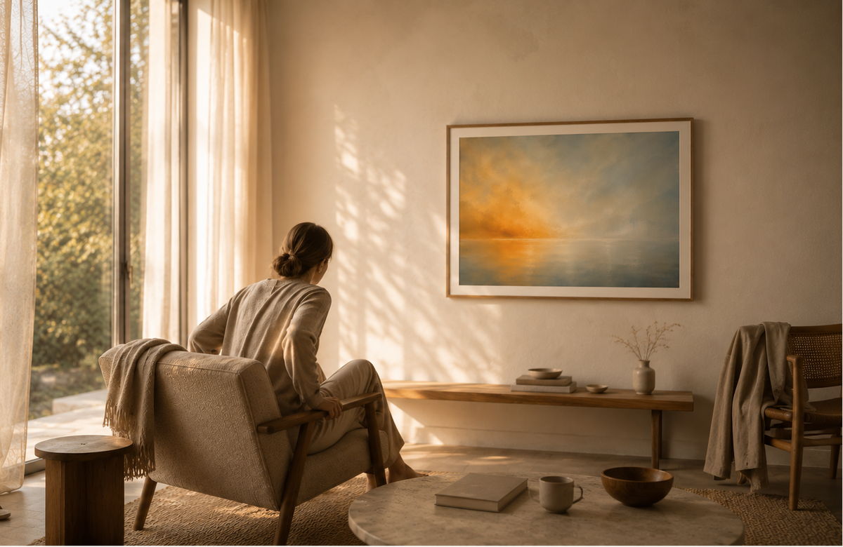 Contemporary fine art with a soft abstract horizon, created to bring calm into interior spaces.