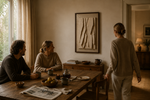 Family and friends gathering around an ODE artwork, creating a warm home filled with comfort, belonging and connection.